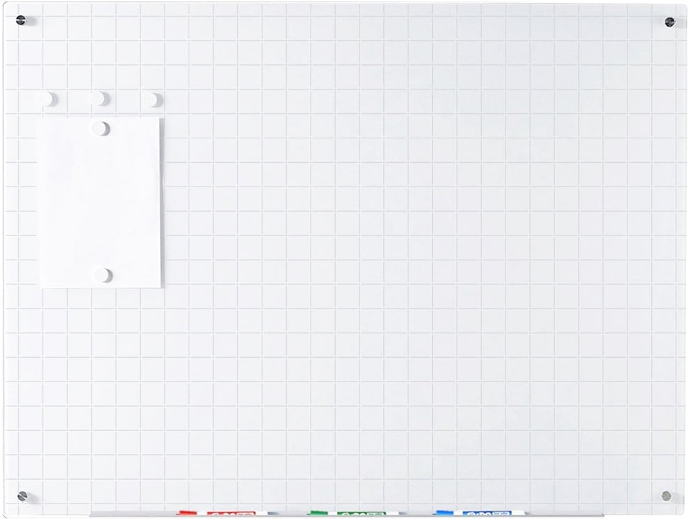 Audio-Visual Direct Magnetic Ultra White Grid Line Glass Dry-Erase Board Set - 5' x 3.4' - Includes Magnets, Hardware & Marker Tray