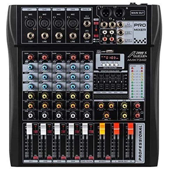 Audio2000'S AMX7342 Six-Channel Audio Mixer with USB Interface and Sound Effect$$Music