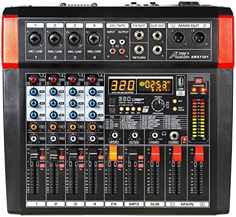 Audio2000'S AMX7381 Four-Channel Powered Audio Mixer with 320 DSP Sound Effects, Stereo Sub Out with Sub-Out Level-Control Fader, Level-Control Faders on All Channels, and USB/Computer Interface