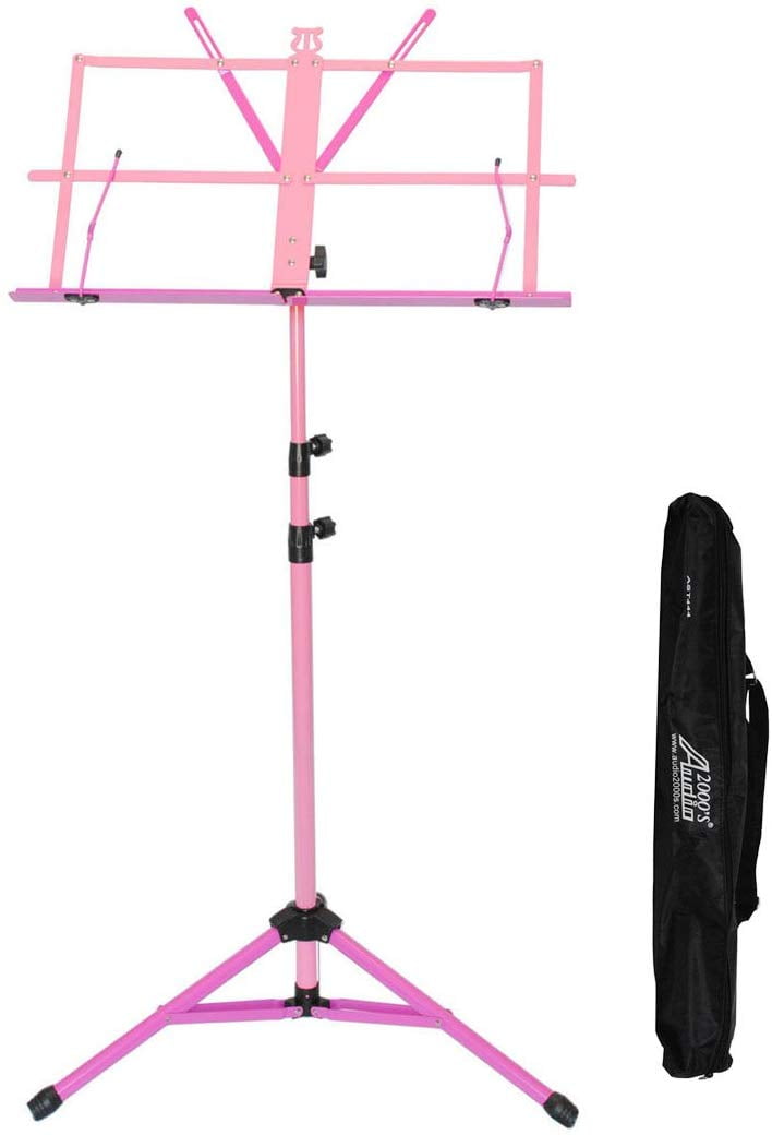 Audio2000'S AST4448 Portable Folding Steel Sheet Music Stand with Extra height Upto 60" and Carrying Bag, Pink/Magenta