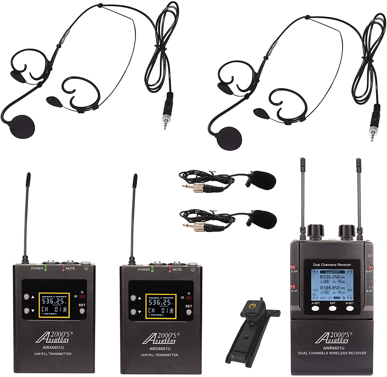 Audio2000'S AWM6601U Mobile Dual Headset Mic/Lapel Mic/Guitar Line Wireless System for Reporter, DSLR Camera, YouTube, Podcast, Video Recording, Vlogging, Interview, Live Sound, Guitar, Teach, Tour