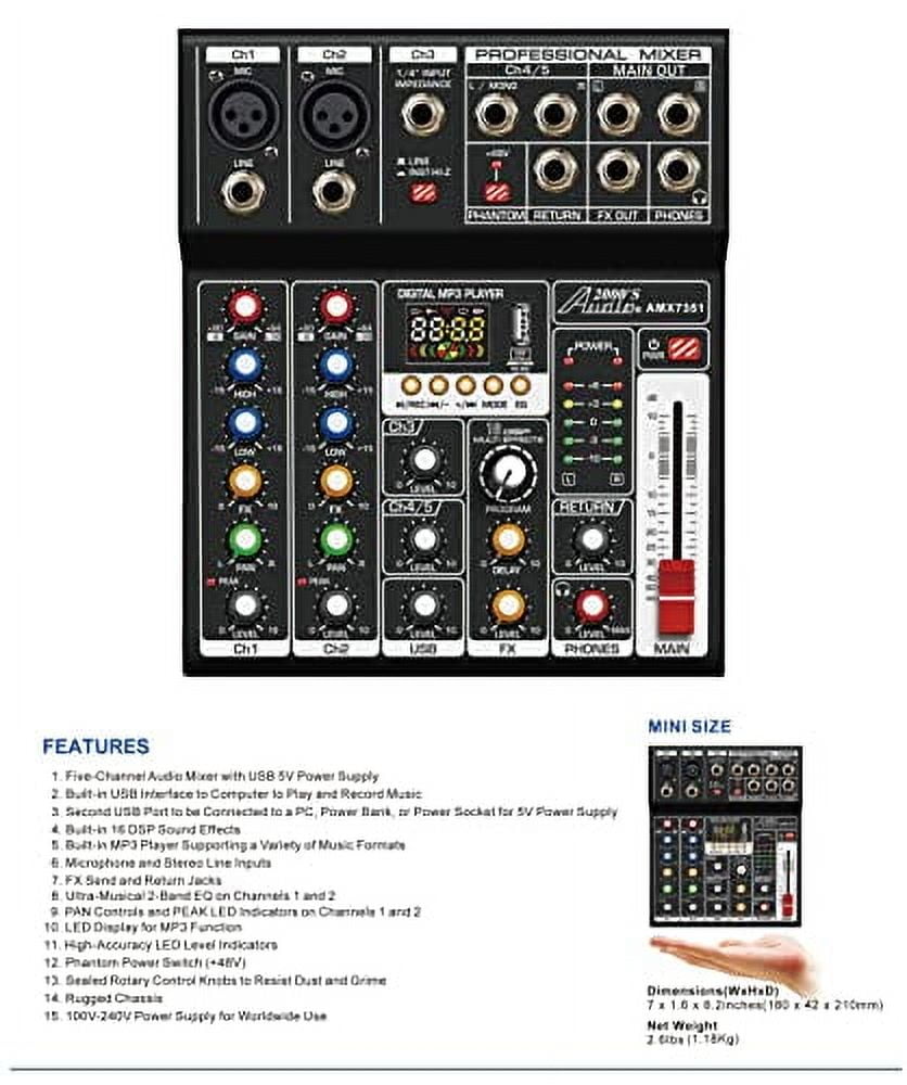 Audio2000'S S7351 Five-Channel Audio Mixer with USB 5V Power Supply, USB Interface, and Sound Effect