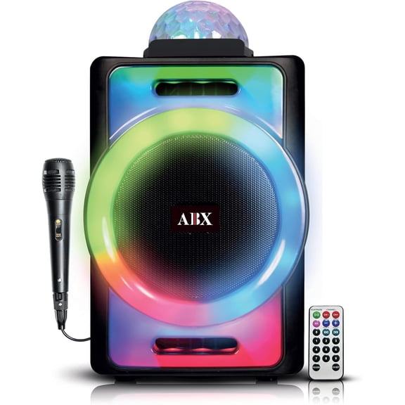 AudioBox ABX-890R 8" Portable Party Bluetooth Speaker with 360 LED Disco Lights, Wired Microphone, USB, AUX & WaveSync Technology (TWS)