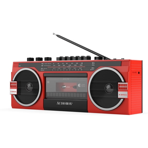 AudioBox RXC-25BT Bluetooth Boombox Speaker - 2 Way Boombox System with AM/FM/SW Radio, MP3 Playback, USB & SD Card Connection, Cassette Player, Built-in Speaker, 3.5mm Jack, Stereo Sound (Red)