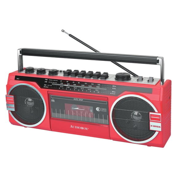 Audiobox RXC-25BT 10-Watt Portable Cassette Player and Recorder Boom Box with 3-Band Radio, Bluetooth, and Speakers, Red