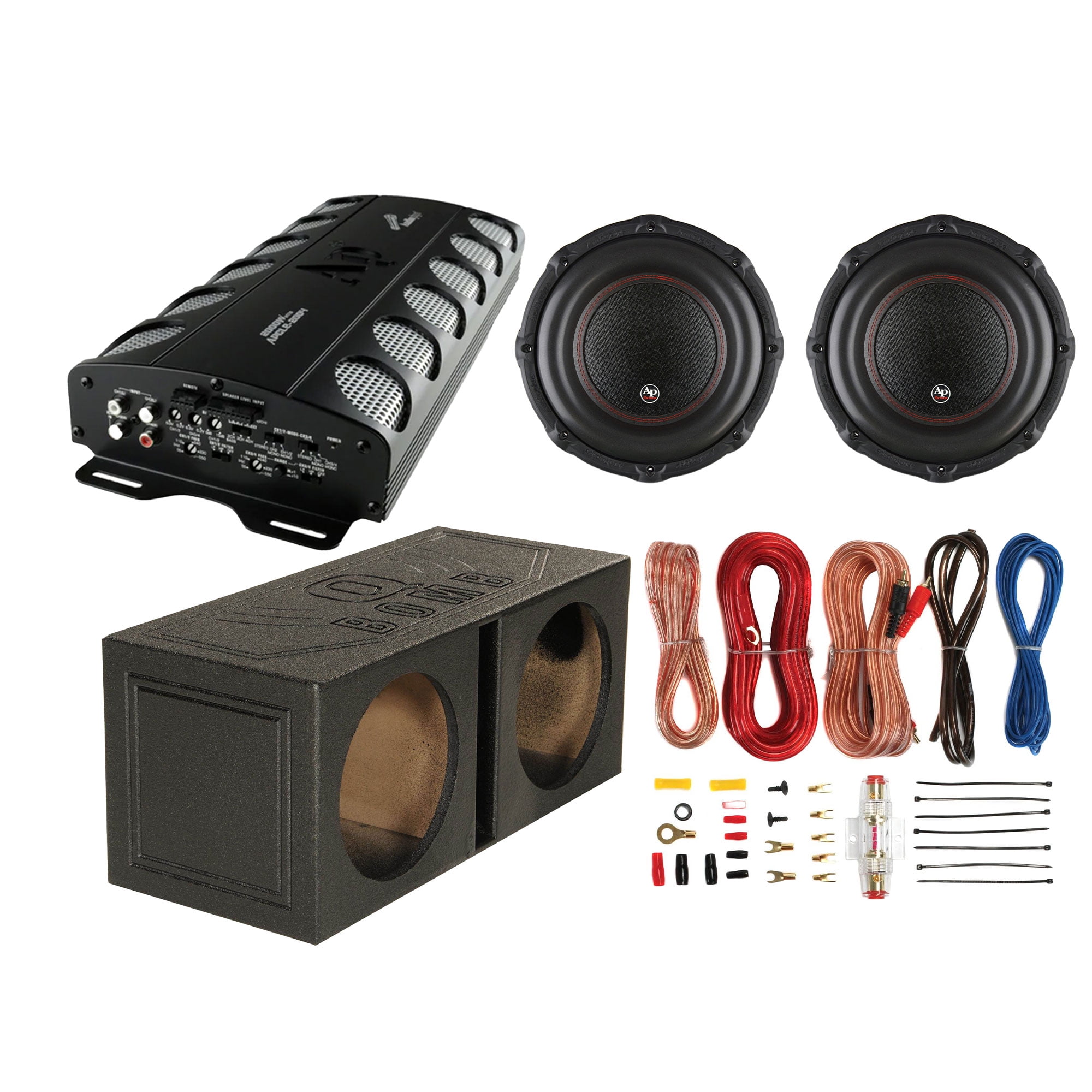 AudioPipe Amp & 12 In Subwoofer 2 Pk, QPower Sub Box, & Soundstorm Wire