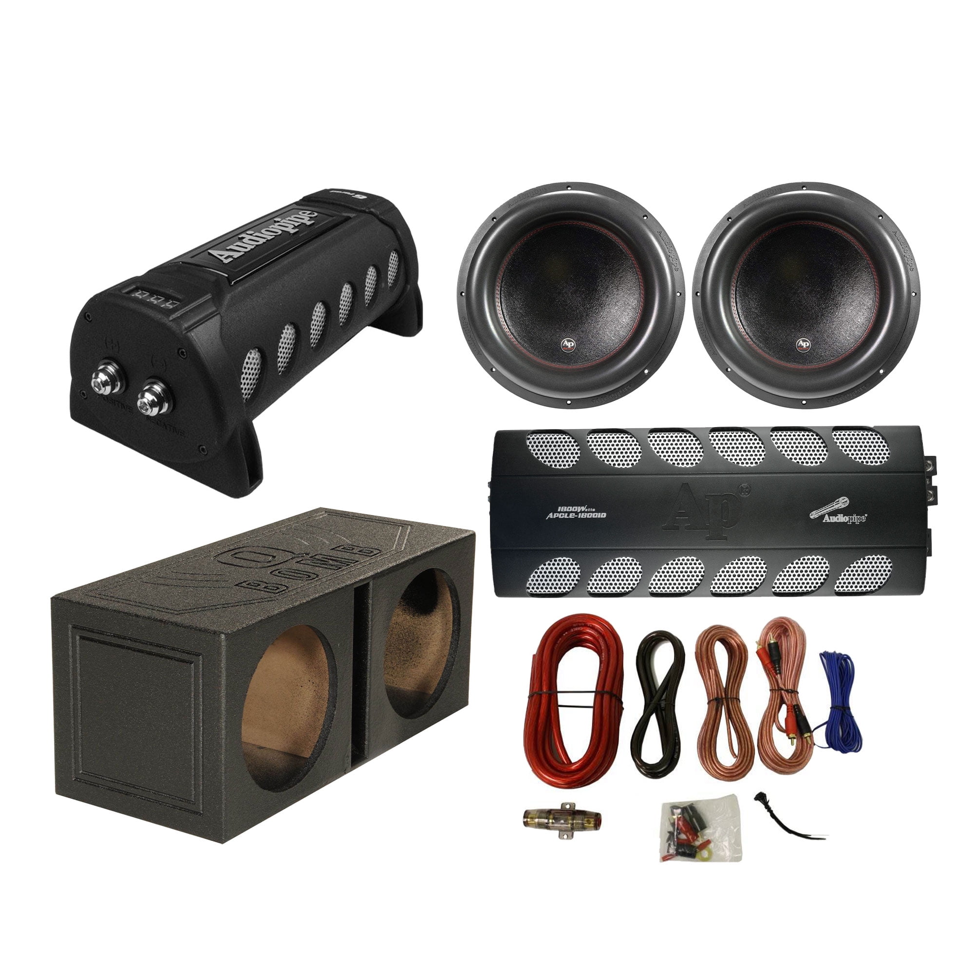 AudioPipe Amp, Capacitor, and Subwoofer 2 Pack w/ QPower Sub Box & Wire