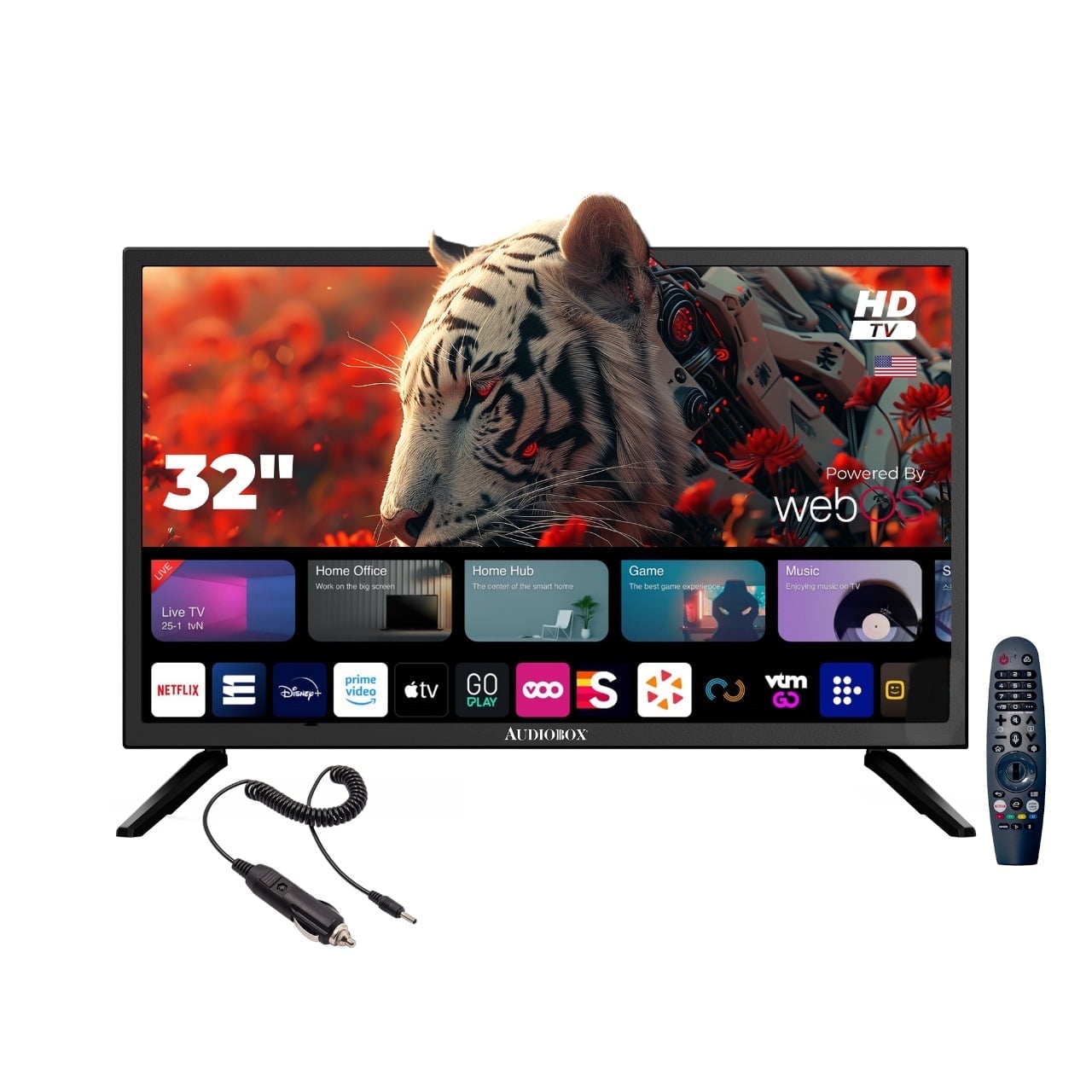 Audiobox 32-Inch Smart LED HDTV for RV, Camping | Magic Remote, webOS Hub, Bluetooth, Dual-Band WiFi, & 12V AC/DC Compatibility