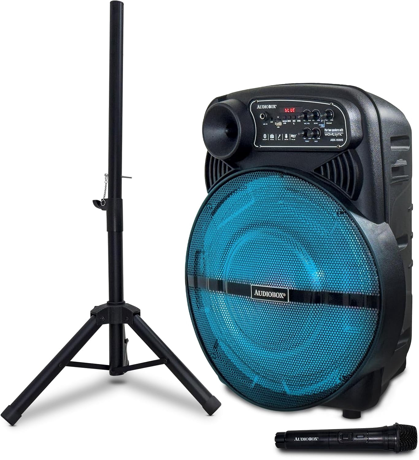 Audiobox ABX-1550S 15" Portable Party Bluetooth Speaker with LED Lights, Stand, Wireless Mic, and Rechargeable Battery – Ideal for Outdoor Events, Karaoke, and House Parties
