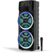 جهاز كاريوكي محمول بمكبر صوت بلوتوث ABX-214R من Audiobox - 12 مكبر صوت مزدوج، وأضواء حفلات RGB، وAUX، وخفيف الوزن مع صوت جهير عالٍ، وجهاز غناء مع بلوتوث وميكروفون لاسلكي - ارتفاع 37 بوصة