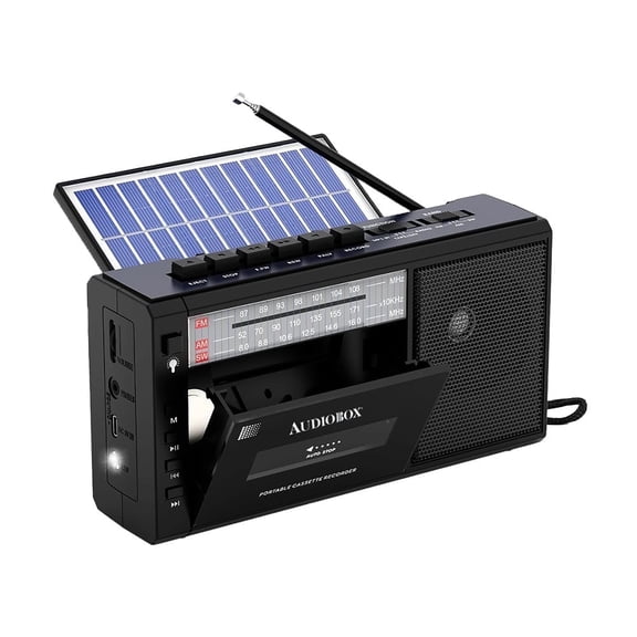 Audiobox RXC-11 Portable Solar Charge Radio and Cassette Recorder / Player with Bluetooth, Flashlight and MP3 Playback via USB/TF/SD Card