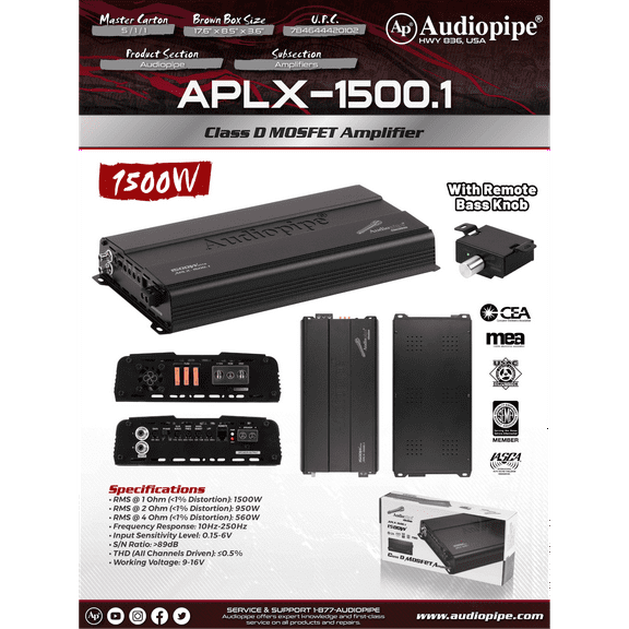 Audiopipe 1500W 1-Ohm Class D Car Audio Mono Amplifier APLX-1500.1 W/ Bass Knob