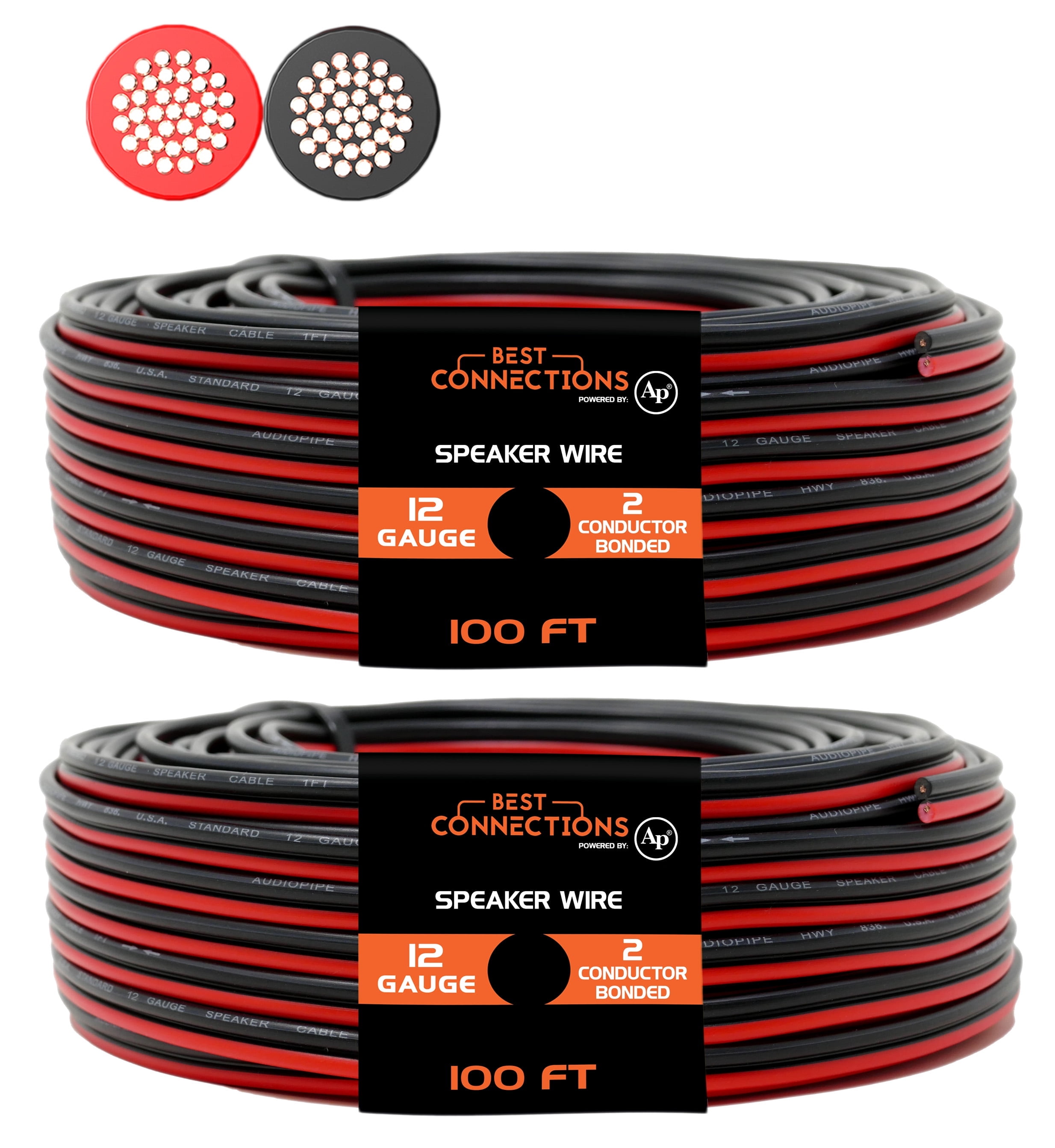 Audiopipe 12 Gauge Speaker Wire - 2 Rolls, 100 Feet Each - Total 200ft Of Car Audio Stereo Cable
