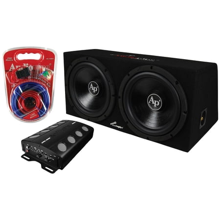 Audiopipe APSB1250CLV Dual 12” Subwoofer Box w/ Amp & Install Kit, 2000W Complete Car Audio Bass System