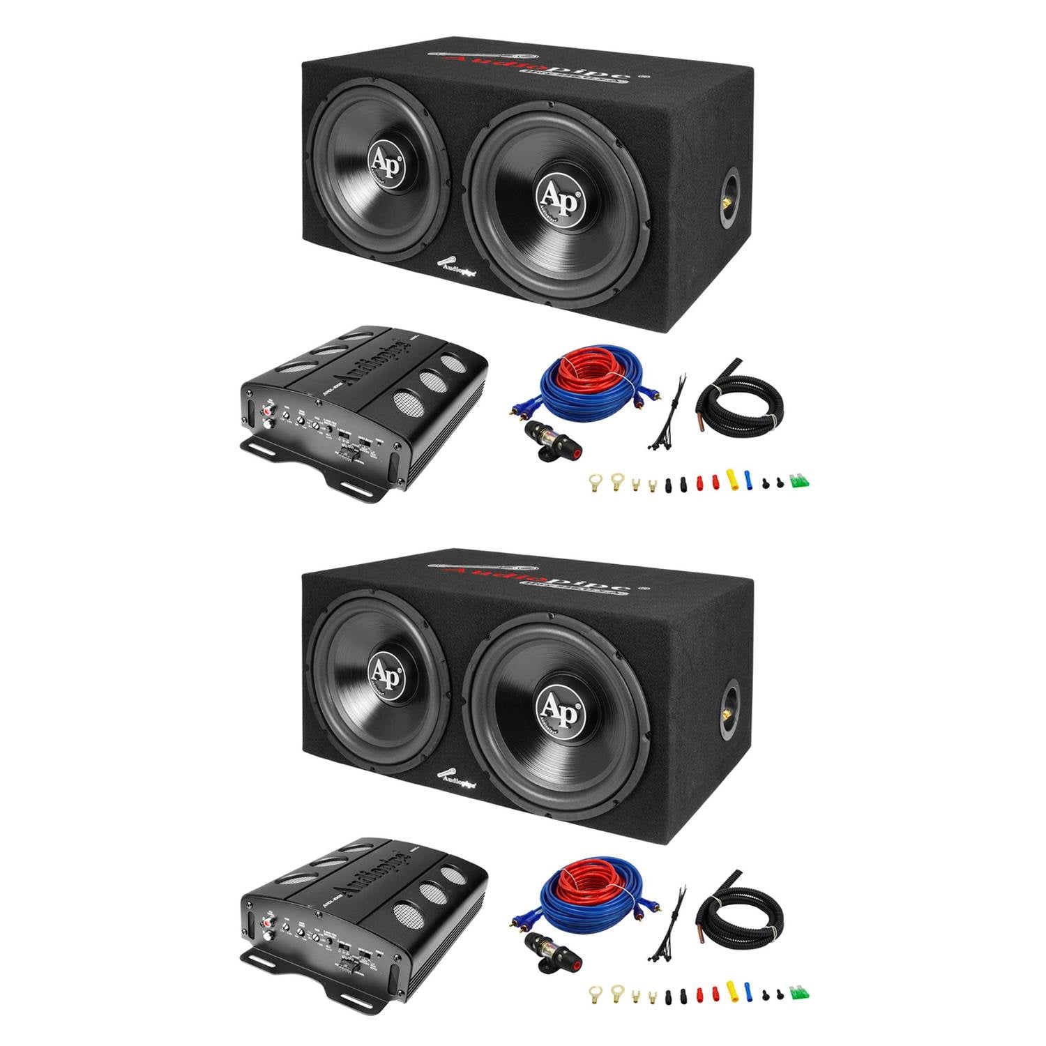 Audiopipe Car Audio 500W 12" Subs, Box, 2 Channel Amplifier & Wire Kit (2 Pack)