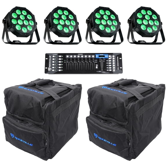 Audiosavings Bundle: (4) Eliminator ADJ MEGA 64 PROFILE EP DMX RGB+UV LED Club DJ Par Wash Up-Lights Bundle with (2) Rockville RLB40 Travel Bags + (1) Rockville ROCKFORCE 192-Ch Controller (7 Item)