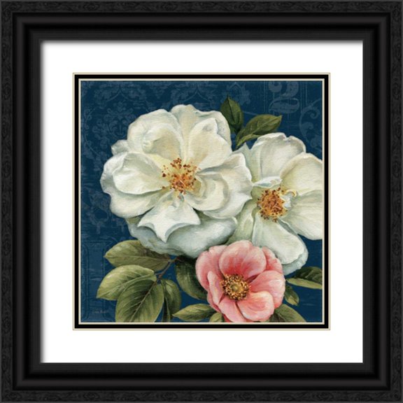 Audit, Lisa 12x12 Black Ornate Wood Framed with Double Matting Museum Art Print Titled - Floral Damask III on Indigo