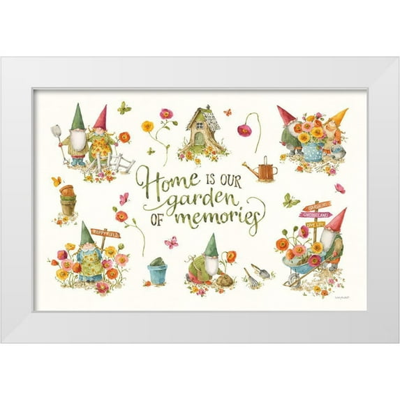 Audit, Lisa 32x23 White Modern Wood Framed Museum Art Print Titled - Garden Gnomes I on white