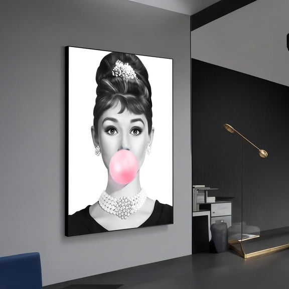 Audrey Hepburn Bubble Gum Canvas Art, Iconic Pop Art Wall Decor, Chic Living Room Statement Piece, Classic Movie Star Gift, Stretched Canvas Size 16x24
