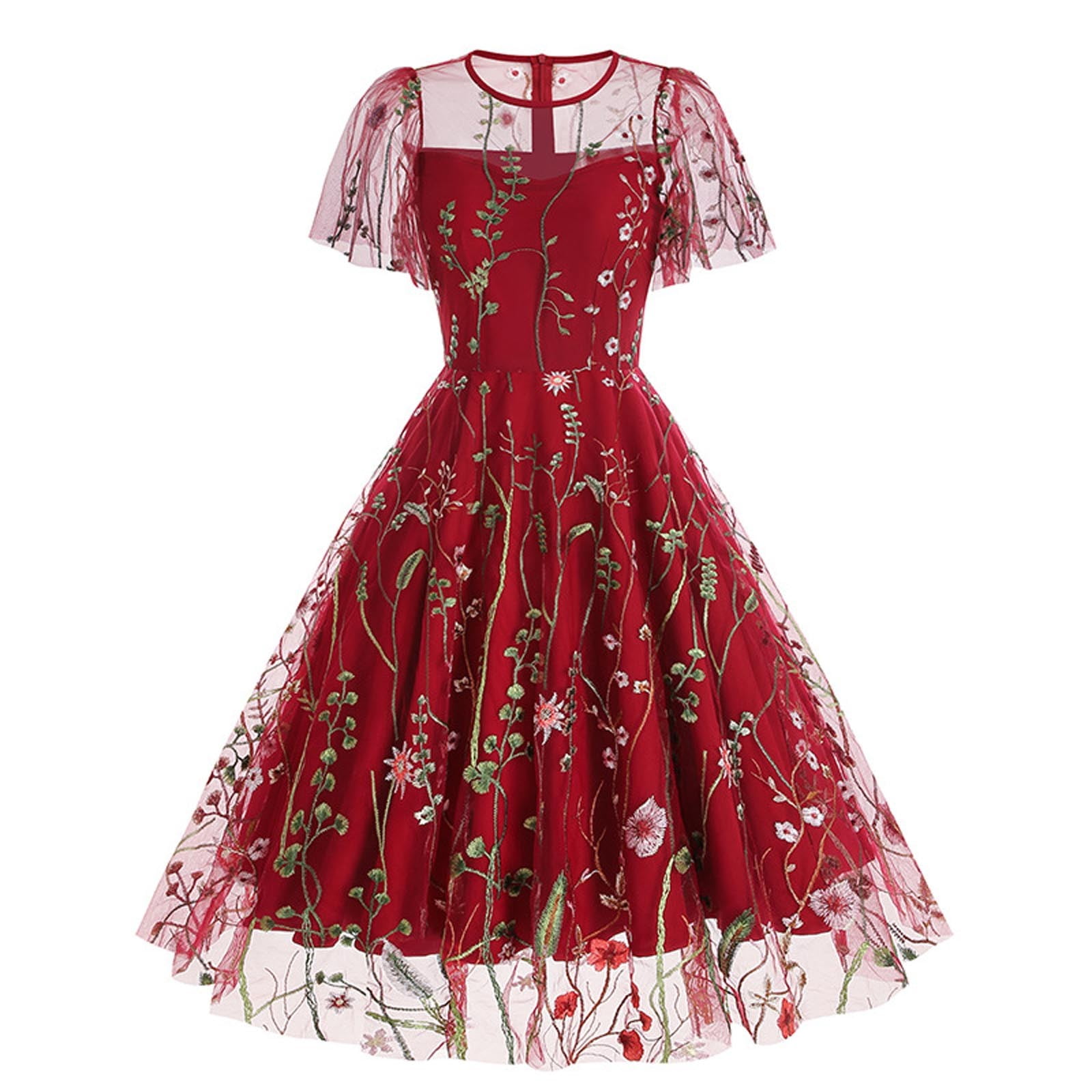 embroidered mini swing dress Blackish Green Embroidered Eyelet Pattern 3/4 Puffy Sleeve Swing Mini main image 1