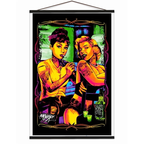 Audrey & Marilyn Tattoo by James Danger Harvey Blacklight Poster, Officially Licensed - 23 x 35 in. with Black Wood Poster Hanger