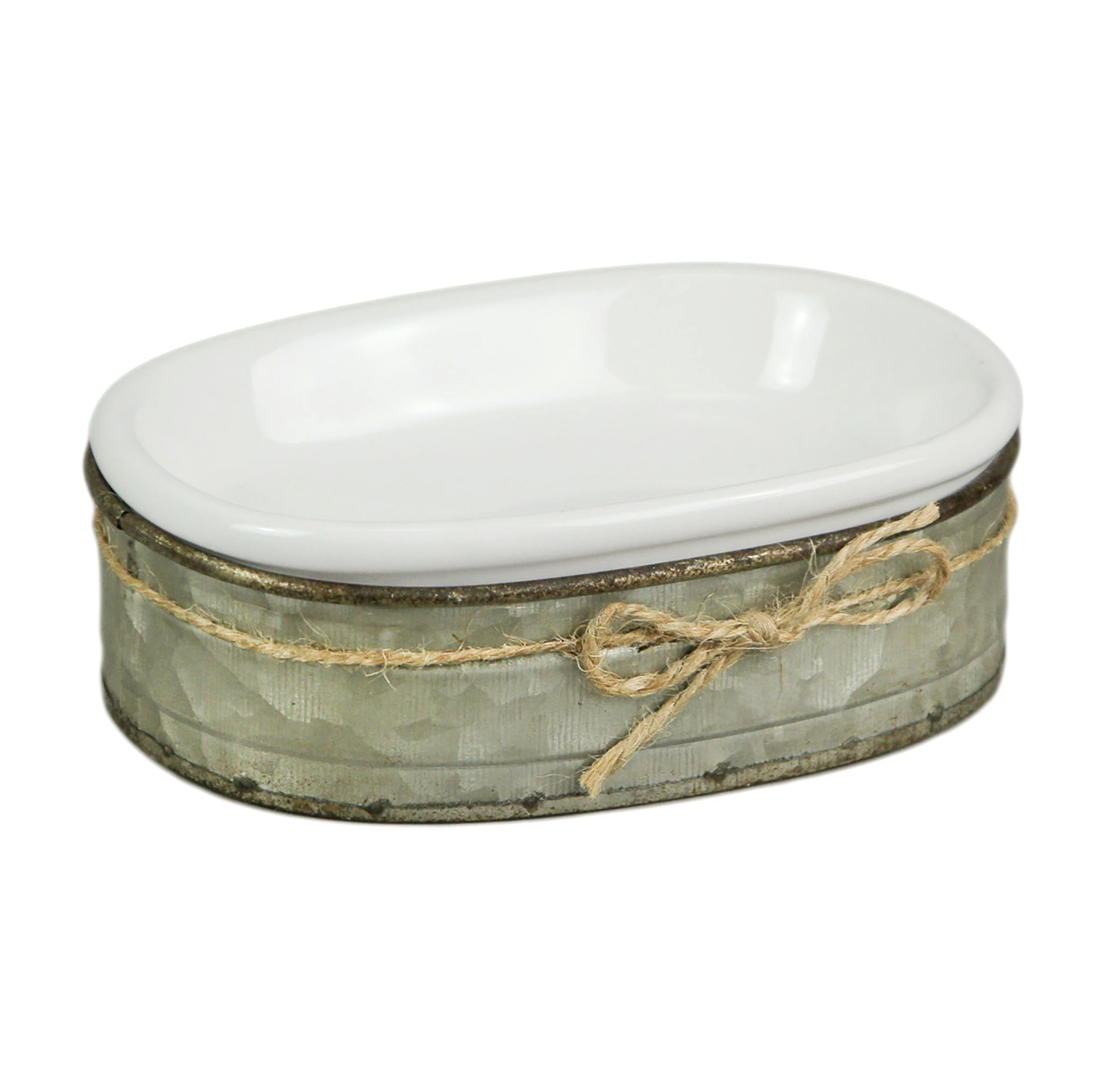 Audrey's White Ceramic Soap Dish with Galvanized Zinc Finish Tray