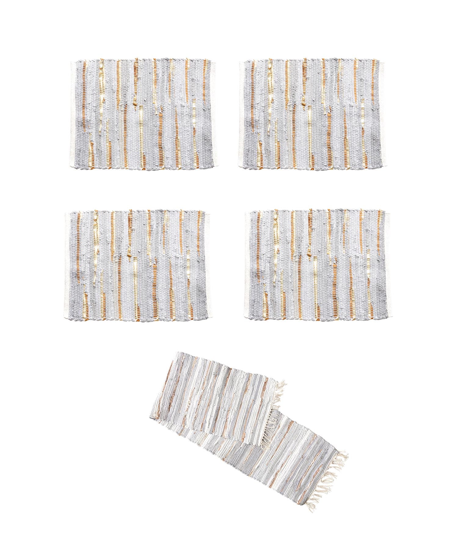 Gray and Gold Cotton Chindi Table Runner with Placemats