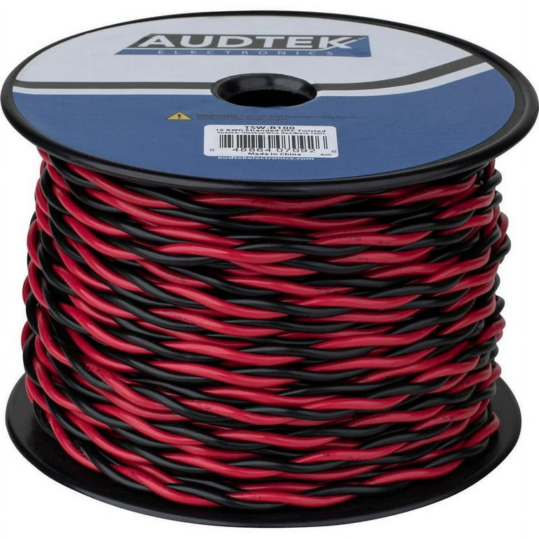 Audtek 16 AWG Stranded OFC Twisted Pair Speaker Cabinet Hookup Wire  Red/Black 100 ft.