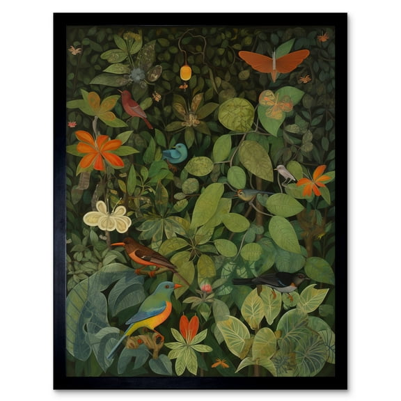 Audubon Style Birds and Insects in Jungle Art Print Framed Poster Wall Decor 12x16 inch