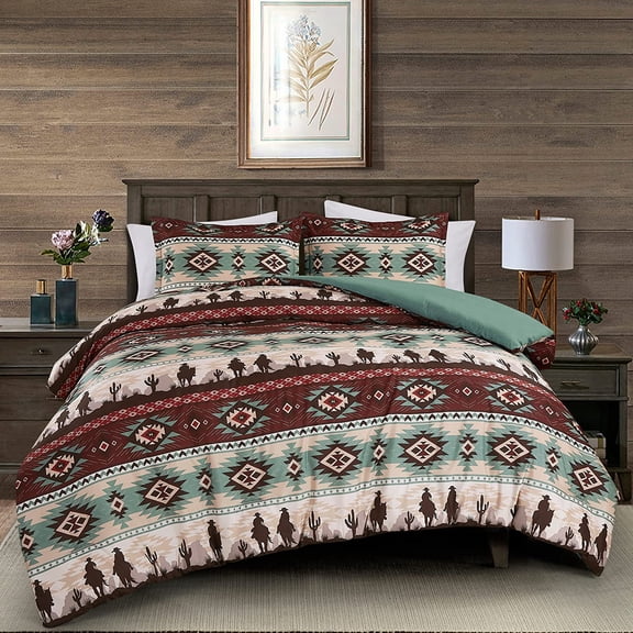 Audun 3-Piece Southwestern Cowboys Aztec Comforter Set - Multicolor Teal Brown Beige Tan Red Printed Washed Microfiber Bedding, Full Size