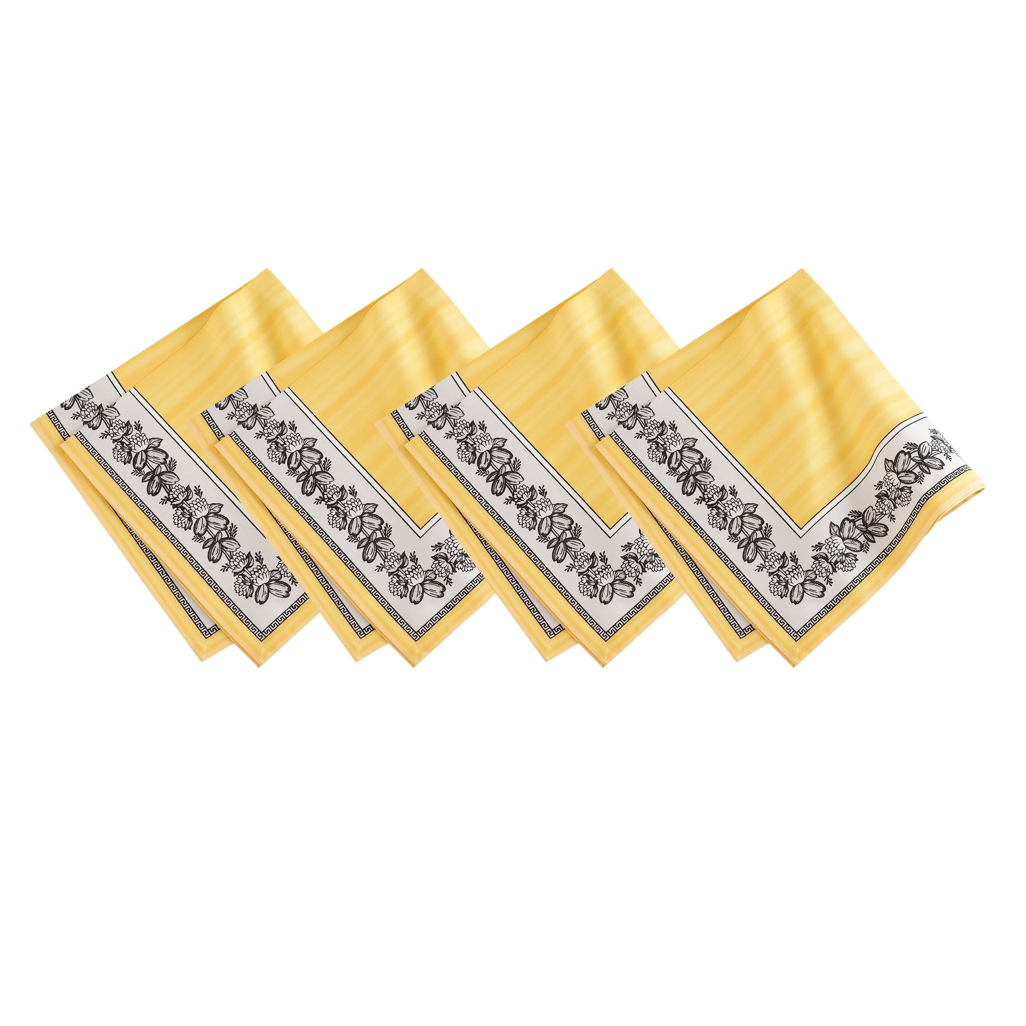 Lemon Yellow Cotton Floral Border Napkins, Set of 4