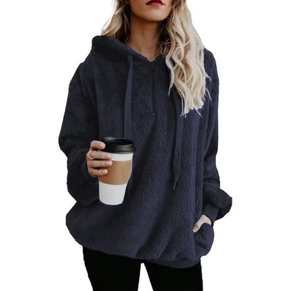 Audvoi Women Long Sleeve Hoodie Hooded Ladies Fluffy Fleece Sweater Pullover Plus Size Women Zipper Sweatshirt Plain Jumper Tops With Pockets