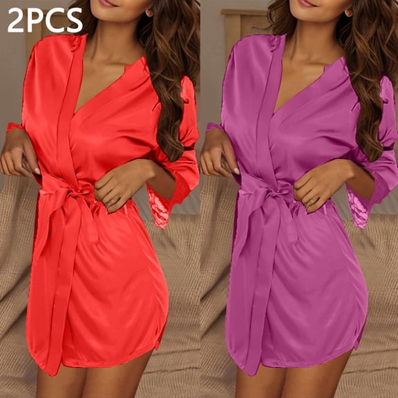 Aueoeo 2 PCS Satin Robes for Women Knee Length Bathrobe V-neck Casual Loungewear Lightweight Robe Soft Sleepwear