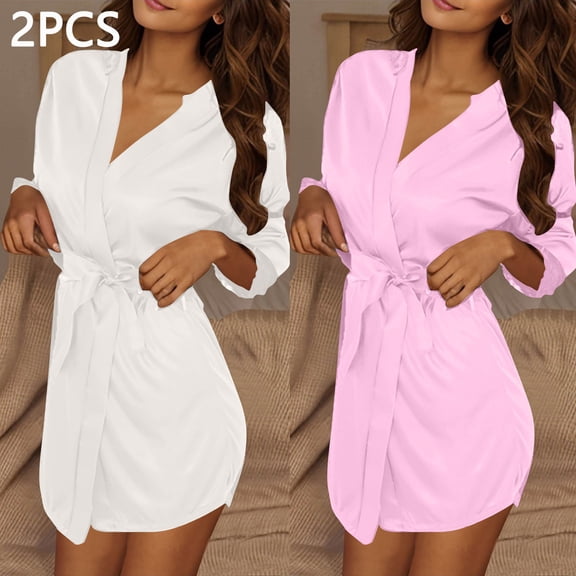 Aueoeo 2 PCS Satin Robes for Women Knee Length Bathrobe V-neck Casual Loungewear Lightweight Robe Soft Sleepwear
