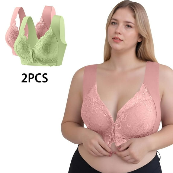 Aueoeo 2 Pack Front Closure Bras for Women Plus Size Wireless Comfy Soft Bra Adjustable Wide Strap Sleep Bras