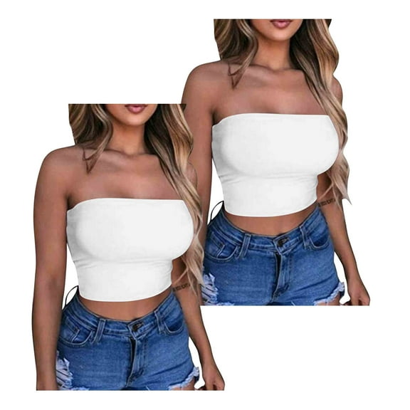 Aueoeo 2 Pack Tube Tops For Women Summer Bandeau Strapless Seamless Crop Tops Trendy Stretchy Casual Bralette Tube Bras