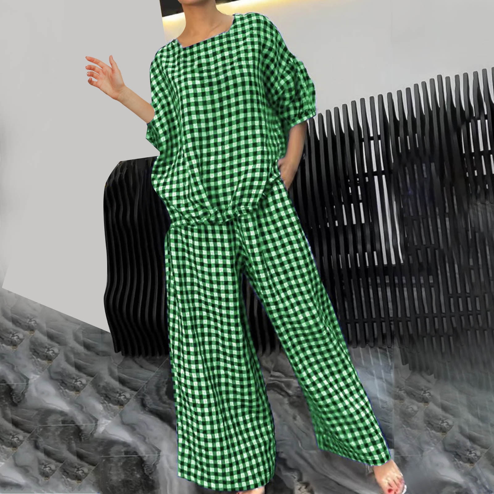 Lauren Plaid Pant and Top Set  women's autumn new fashion long-sleeved loose blouse two-piece main image 0
