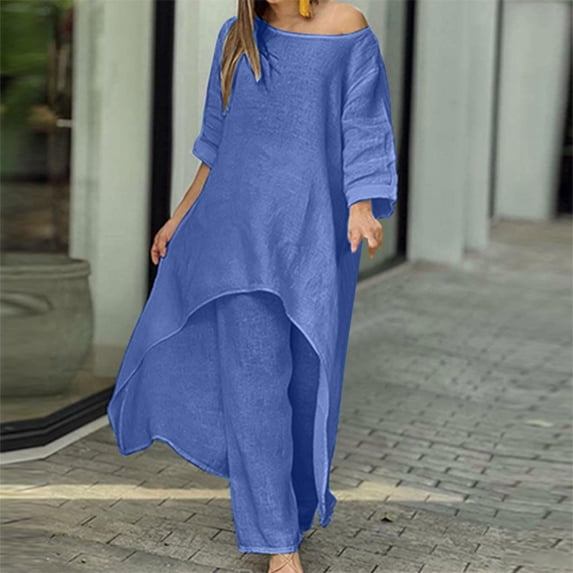 Aueoeo 2 Piece Sets for Women, 2 Piece Outfits for Women Long Sleeve Linen Sets Athletic Baggy Pants Loose Fit Dressy Casual Tracksuit Sets