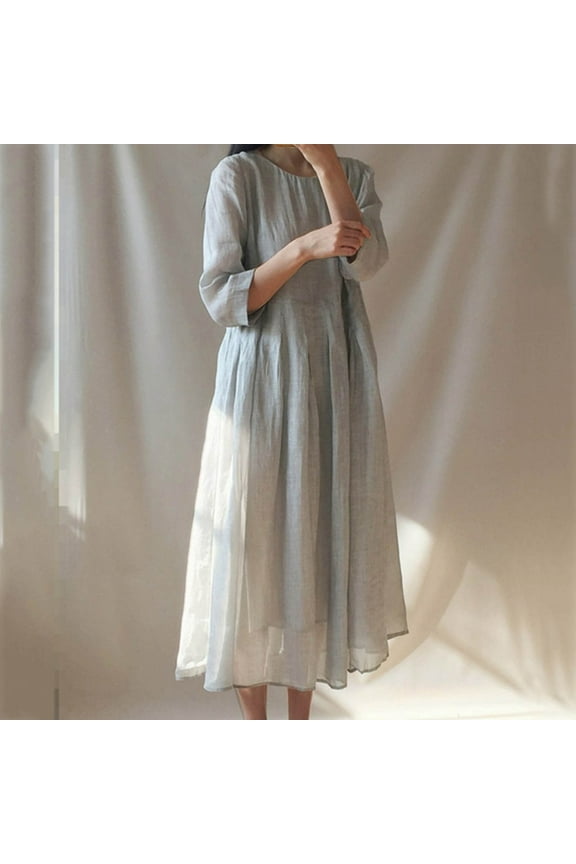 3/4 Sleeve Dress for Women, Women Casual Loose Bohemian Dresses with Pockets Crewneck 3/4 Sleeve Fall Beach Swing Long Maxi Dress