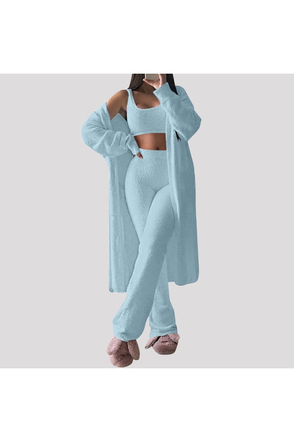 3 Piece Set For Women Winter Warm Comfortable Long Sleeve Dress Cardigan & Long Pants & Sleeveless Bra Loungewear Set