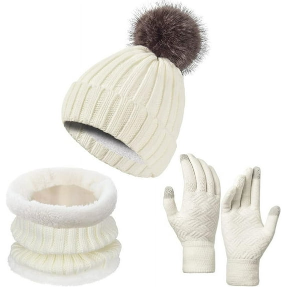 Aueoeo 3-Piece Winter Knit Beanie Hat Neck Warmer Scarf And Touchedscreen Gloves Set 3 Pcs Fleece Lined Skull Cap For Men Women White