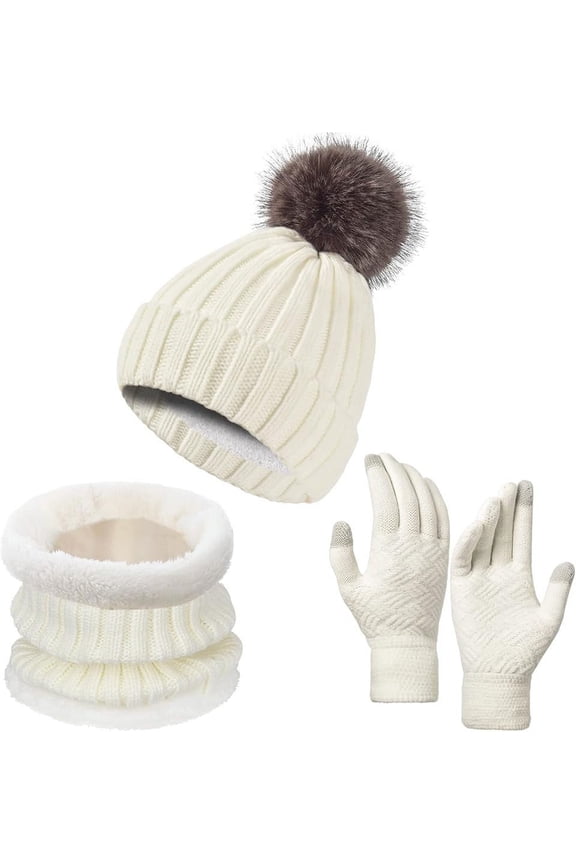 3-Piece Winter Knit Beanie Hat Neck Warmer Scarf And Touchedscreen Gloves Set 3 Pcs Fleece Lined Skull Cap For Men Women White