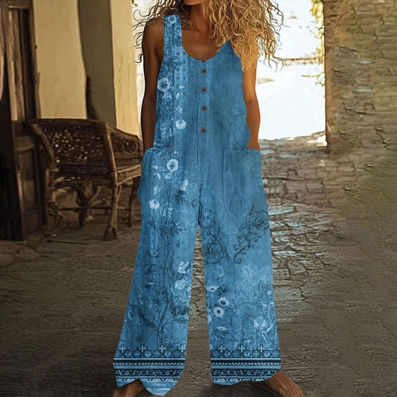 Aueoeo Athletic Romper Dressy Jumpsuit For Women Printed Summer Round-Neck Button Pocket Sleeveless Casual Jumpsuit