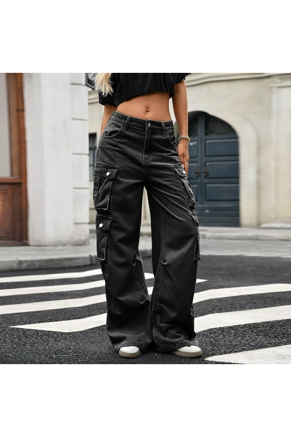 Baggy Jean For Women Fashion Loose High Waist Solid Color Denim Pants Multi Pocket Casual Trousers Travel Pants