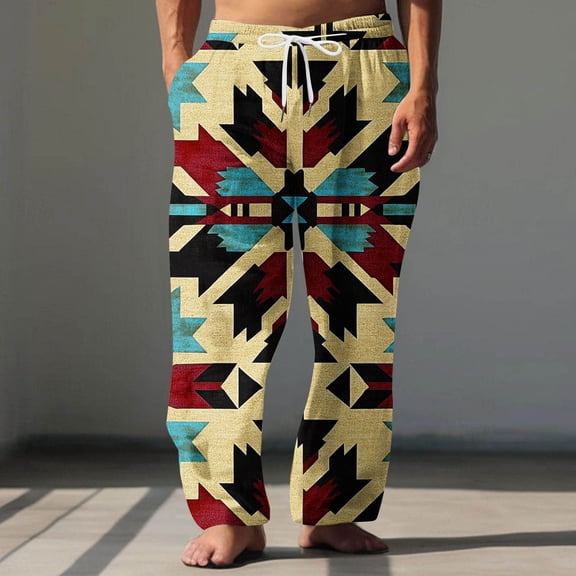 Aueoeo Baggy Pant For Men Fashion Geometric Graphic Printing Pants Loose Fits Summer Beach Yoga Trousers