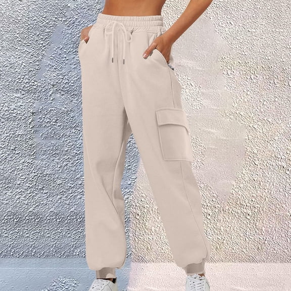 Aueoeo Beach Pants for Women Cargo Pants for Girls Women's Elastic Lace-Up Casual Solid Color High-Waisted Zipper Pocket Tapered Sweatpants Cargo Scrub Pants for Women