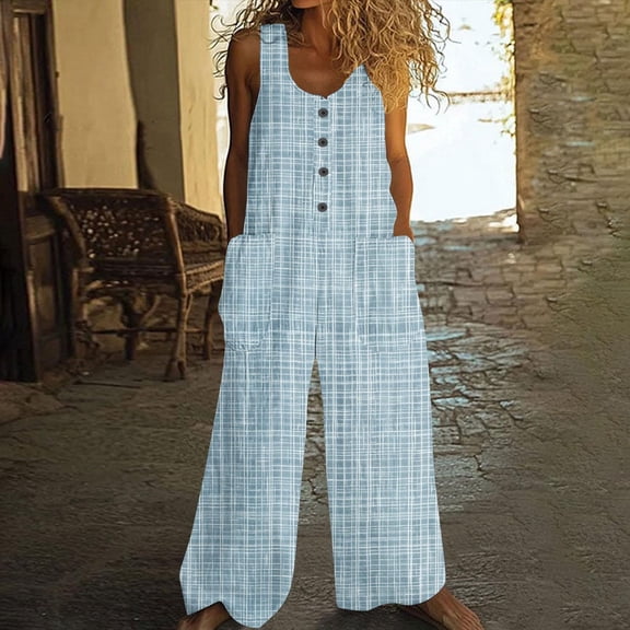 Aueoeo Beach Rompers For Women Fashion Printed Jumpsuit Summer Round-Neck Button Sleeveless Casual Jumpsuit