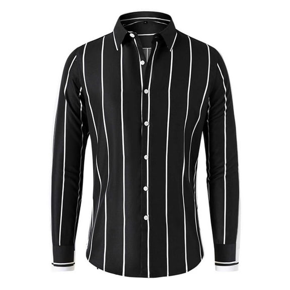 Aueoeo Big & Tall Stripe Shirts For Men Turndown Collar Blouse Loose Fits Shirts Long Sleeve Work Tops Black M