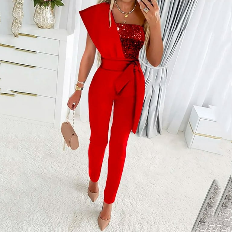 Aueoeo Birthday Outfits for Women Sexy, Womens Summer Sequins Sleeveless  Backless Jumpsuits Off The Shoulder Slim Fit Long Pants Rompers Jumpsuit 