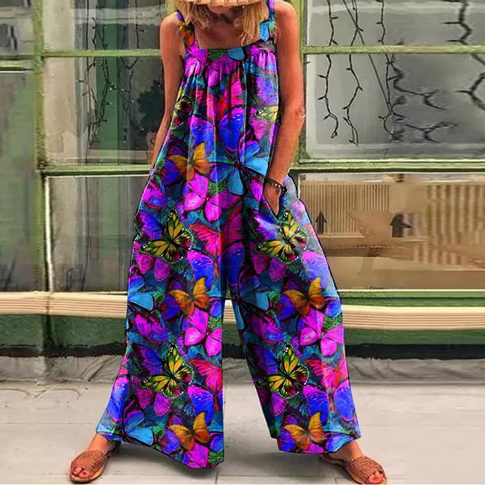 Aueoeo Flowy Jumpsuits for Women, Women's Wide Leg Long Pants Rompers  Floral Printed Buttons Sleeveless Jumpsuits Loose Overalls